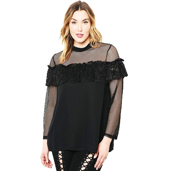 PLUS Black Victorian Gothic Lace Trim Chiffon Top - Picture 8 of 8